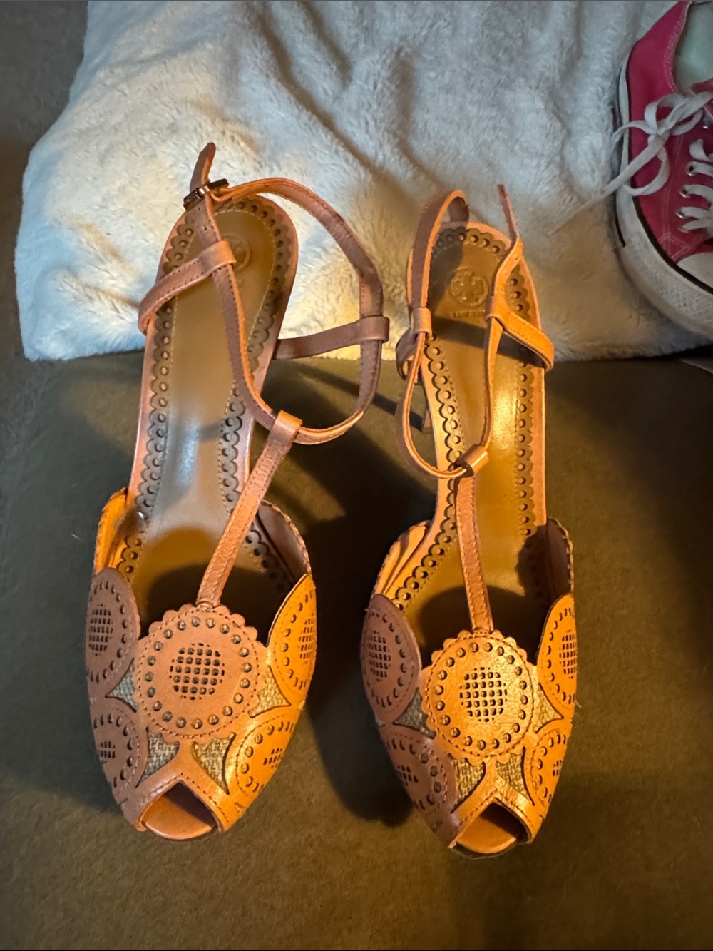 Tory Burch Tan Laser-Cut T-Strap Heels